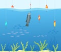 Tropical sea fishing concept, clean water fishing spot flat vector illustration. Human person hobby angling seaside