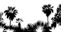 Tropical sea island Jungle with palm trees. Black silhouettes and contours on white background. Vector Royalty Free Stock Photo