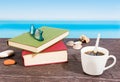 Tropical sea seen from the boat. Book and coffee on table. Reading and relaxing on vacation Royalty Free Stock Photo