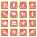 Tropical sea shell icons set pink square vector Royalty Free Stock Photo