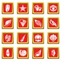 Tropical sea shell icons set red square vector Royalty Free Stock Photo