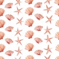 Tropical sea shell and starfish seamless watercolor raster pattern