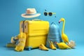 vacation summer sunglasses blue concept yellow flamingo suitcase background travel sun. Generative AI. Royalty Free Stock Photo