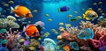 Tropical sea underwater fishes on coral reef. Aquarium oceanarium wildlife colorful marine panorama landscape nature