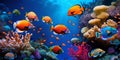 Tropical sea underwater fishes on coral reef. Aquarium oceanarium wildlife colorful marine panorama landscape nature