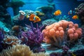 Tropical sea underwater fishes on coral reef. Aquarium oceanarium wildlife colorful marine panorama landscape nature