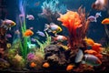 Tropical sea underwater fishes on coral reef. Aquarium oceanarium wildlife colorful marine panorama landscape nature