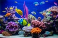 Tropical sea underwater fishes on coral reef. Aquarium oceanarium wildlife colorful marine panorama landscape nature