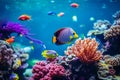 Tropical sea underwater fishes on coral reef. Aquarium oceanarium wildlife colorful marine panorama landscape nature