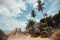 Tropical seacoast with coconut palms, huge stones, and gold sand, perspective view. Summer travel concept
