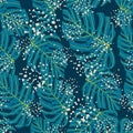 Tropical seamless doodle pattern with random blue monstera print. Background with splashes