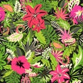 Tropical seamless neon wallpaper with exotic flowers and leaves and pink flamingo for fabric, textile, wrapping paper, greeting ca Royalty Free Stock Photo