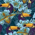 Tropical seamless parrern with flowers and Toucan