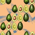 Tropical seamless pattern with avocado and leaves