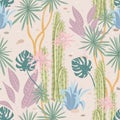 Tropical seamless pattern. Background with cactus, palm trees and monstera plants. Royalty Free Stock Photo