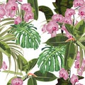 Tropical seamless pattern background with exotic pink orchid flowers, palm monstera leaves, jungle leaf. Royalty Free Stock Photo