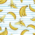 Tropical seamless pattern with bananas on blue watercolor stripes background. Vector hand drawn sketch illustration Royalty Free Stock Photo