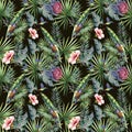Tropical seamless pattern with big leaves, flowers and exotic birds - toucan and hummingbird on black background, Royalty Free Stock Photo