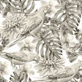 Tropical seamless pattern with birds leaves and flowers. Parrot. Etlingera. Monstera. Orchid. Watercolor illustration.