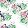 Tropical seamless pattern with birds leaves and flowers. Peony. Tucan. Monstera. Orchid. Watercolor illustration.