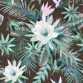 Tropical Seamless Pattern Of Cactus Flowers And Exotic Leaves