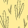 Tropical seamless pattern with cactus on yellow desert background, digital drawing