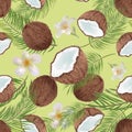 Tropical seamless pattern with coconut, palm leaves. Hand drawn charcoal botanical vintage wallpaper illustration