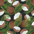 Tropical seamless pattern with coconut, palm leaves. Hand drawn charcoal botanical vintage wallpaper illustration