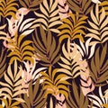 Tropical seamless pattern with colorful and bright plants and leaves. Jungle leaf seamless vector floral pattern background.