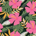 Tropical seamless pattern with colorful leaves  monstera leaves and hibiscus flower. Floral hand drawn seamless pattern perfect Royalty Free Stock Photo