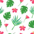 Tropical seamless pattern on dark green background. Summer design with tropic leaves, monstera, banana leaves, hibiscus