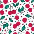 Tropical seamless pattern with doodle red cherry. Hand drawn berries cherry pattern on white background. for fabric, drawing Royalty Free Stock Photo