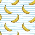 Tropical seamless pattern. Exotic banana fruits on blue white watercolor stripes background. Vector sketch illustration