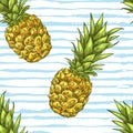 Tropical seamless pattern. Exotic pineapple fruit on blue watercolor stripes background. Vector sketch illustration