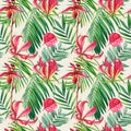 Tropical seamless pattern with exotic pink lily flowers, palm tree. Summer floral watercolor illustration tropic modern Royalty Free Stock Photo