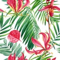 Tropical seamless pattern with exotic pink lily flowers, palm tree. Summer floral watercolor illustration tropic modern Royalty Free Stock Photo