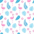 Tropical seamless pattern with flamingo, tropic flowers, monstera and banana leaves.