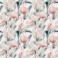 Tropical seamless pattern with flamingo. Watercolor tropic drawing, rose bird and greenery palm tree, tropic green