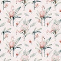 Tropical seamless pattern with flamingo. Watercolor tropic drawing, rose bird and greenery palm tree, tropic green Royalty Free Stock Photo