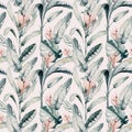 Tropical seamless pattern with flamingo. Watercolor tropic drawing, rose bird and greenery palm tree, tropic green Royalty Free Stock Photo