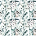 Tropical seamless pattern with flamingo. Watercolor tropic drawing, rose bird and greenery palm tree, tropic green Royalty Free Stock Photo