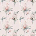 Tropical seamless pattern with flamingo. Watercolor tropic drawing, rose bird and greenery palm tree, tropic green Royalty Free Stock Photo