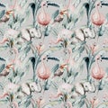 Tropical seamless pattern with flamingo. Watercolor tropic drawing, rose bird and greenery palm tree, tropic green Royalty Free Stock Photo