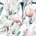 Tropical seamless pattern with flamingo. Watercolor tropic drawing, rose bird and greenery palm tree, tropic green Royalty Free Stock Photo