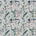 Tropical seamless pattern with flamingo. Watercolor tropic drawing, rose bird and greenery palm tree, tropic green Royalty Free Stock Photo