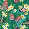 Tropical Seamless Pattern with Flowers and Butterflies. Palm Leaves Floral Background. Fashion Fabric Design Royalty Free Stock Photo