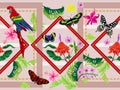 Tropical seamless pattern with flowers, butterflies, parrot and baroque borders. Vector floral patch for print, fabric, scarf