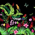 Tropical seamless pattern with flowers, butterflies and parrots. Vector jangle foliage for print, fabric, scarf