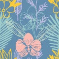 Tropical seamless pattern with frangipani, palm leaves, orchid flower. Royalty Free Stock Photo