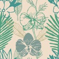 Tropical seamless pattern with frangipani, palm leaves, orchid flower. Royalty Free Stock Photo